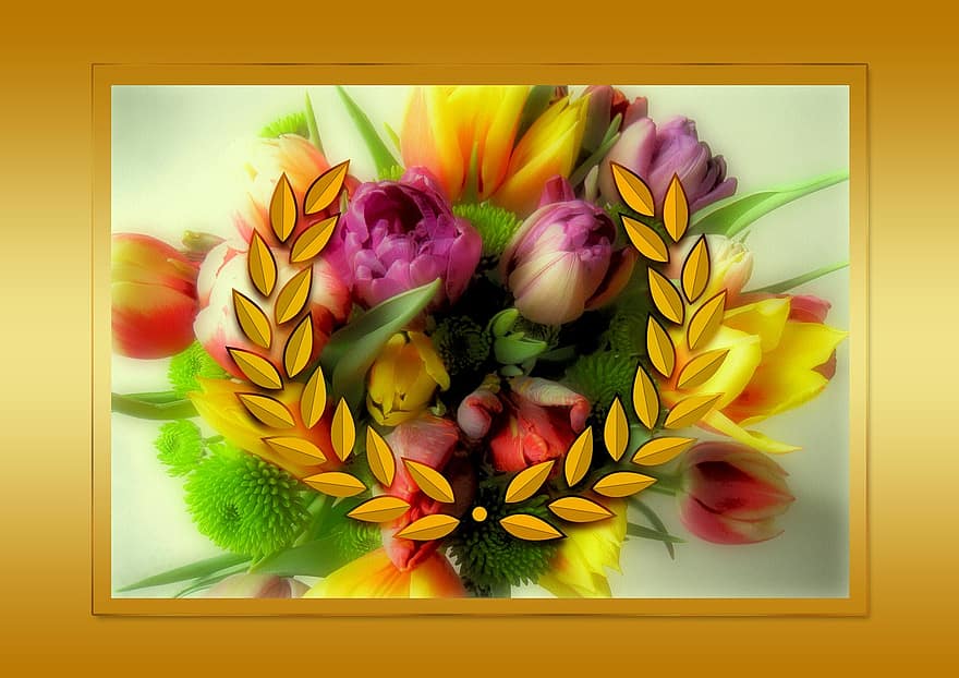 Anniversary, Great Day, Day Of Remembrance, Commemorate, Bouquet Of Flowers, Gold, Celebration, Luck, Greeting, Greeting Card, Map