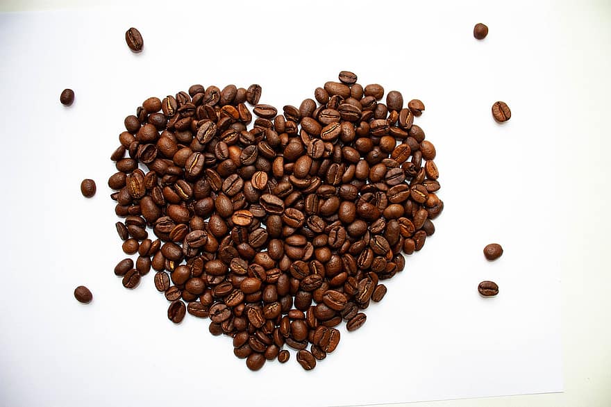 커피, 커피 콩, 심장, 애정, 카페인, 커피 씨앗, 볶은 커피 콩