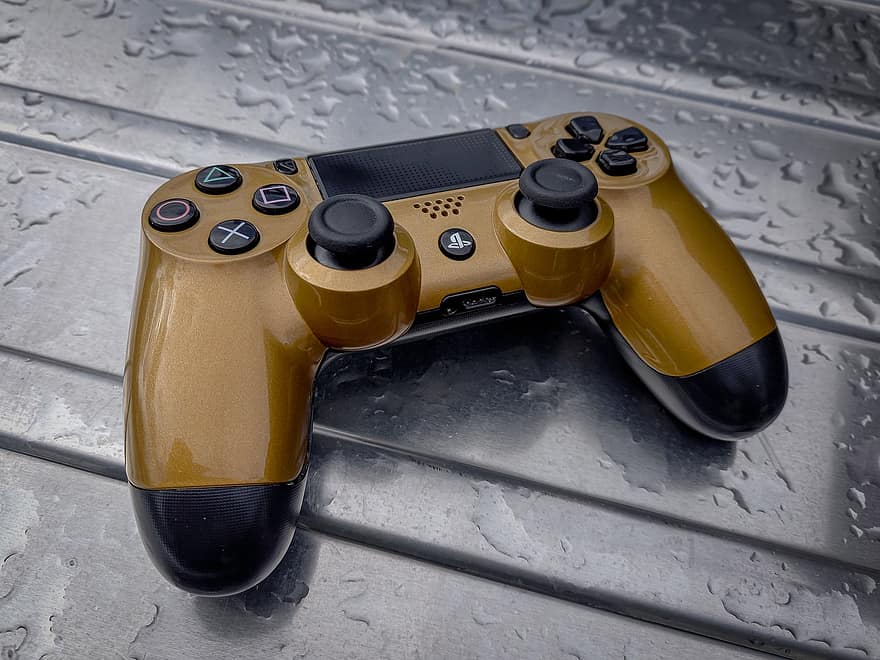 Playstation, Console, Controller, Joystick, To Play, Leisure Time, Gold, Steering, Technology, Painted, close-up