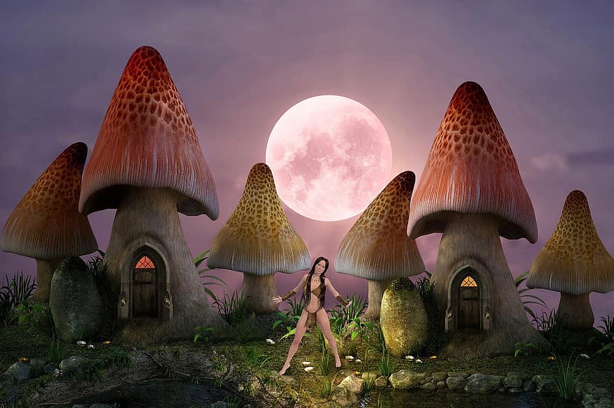 фон, гриб, жилой дом, Луна, женщина, ночь, лес, грибок, разноцветный, осень, смеркаться