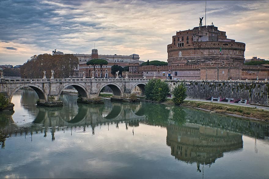 Castel Sant'Angelo, Fluss, Brücke, Stadt, alte Gebäude, Reflexion, Wasser, mittelalterlich, uralt, Festung, Wahrzeichen