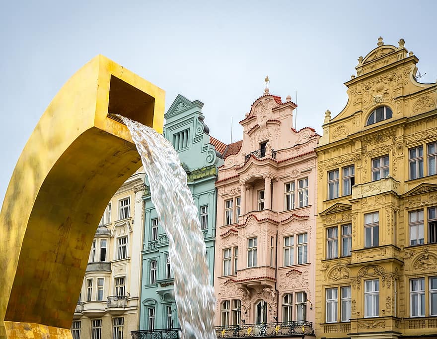 Fountain, Baroque, Building, Facades, Stucco, Pilsen, Czech Republic, Bohemia, Water, Historic Centre, Terraced Houses