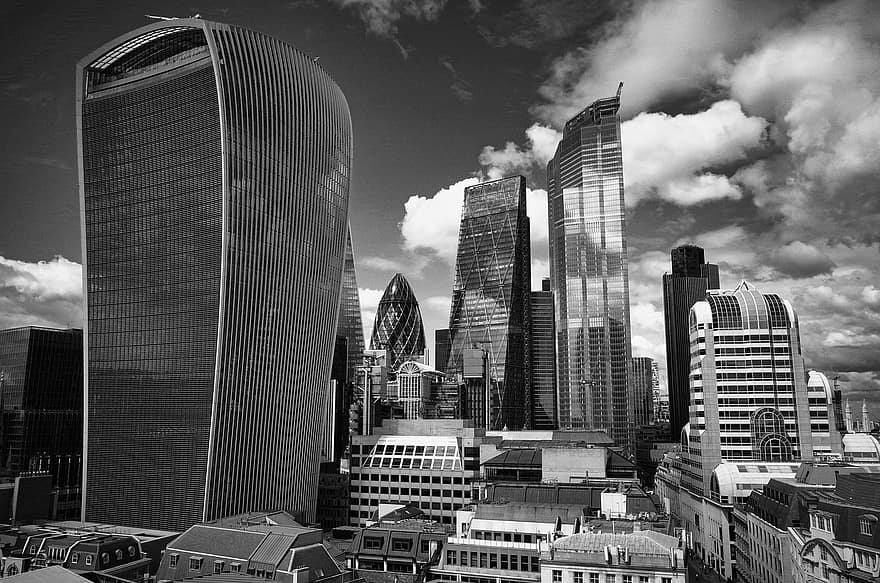 London, épületek, építészet, városkép, láthatár, modern, felhőkarcoló, homlokzatok, Kívülről, városi Tájkép, város
