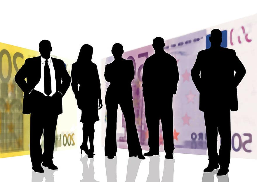 euro, geld, valuta, man, vrouw, zakenlieden, silhouet