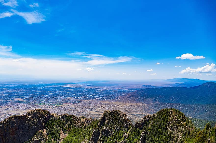korkea, näkymä, vuori, kaupunki, Albuquerque, uusi Meksiko, seikkailu, ylin, antenni, maisema, huippu