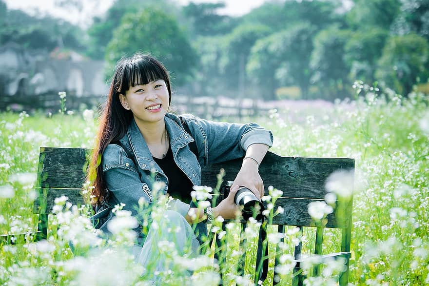 Asian, Woman, Flowers, Field, Bench, Wooden Bench, Sit, Seat, Sitting, Camera, Photographer
