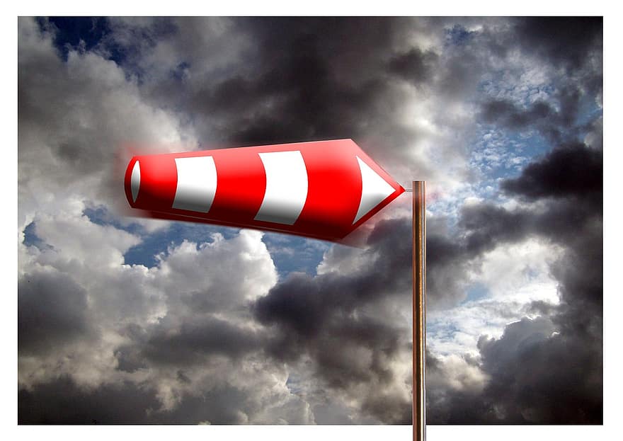 chaussette coupe-vent, des nuages, vers l'avant, panneau de signalisation, Attention, Remarque, prévisions météorologiques, symbole, personnages, vent, drapeau
