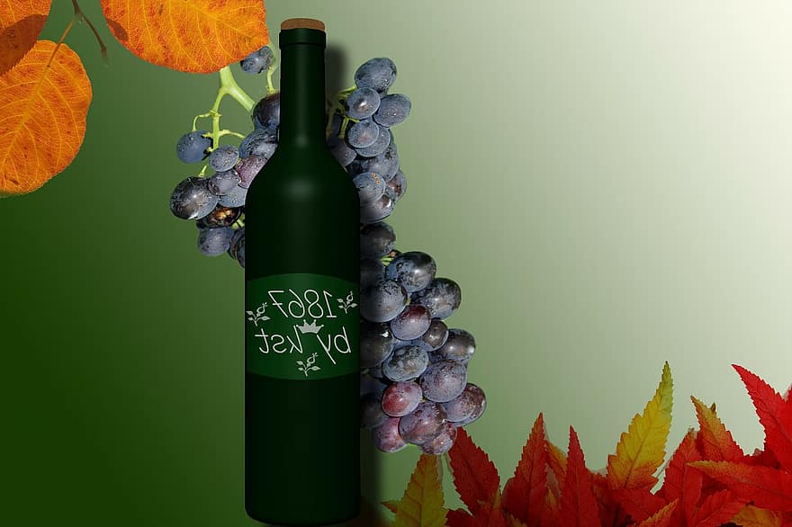 Wine Bottle, Red Wine, Wine, Bottle, Leaves, Grapes, Wine List, Place Card