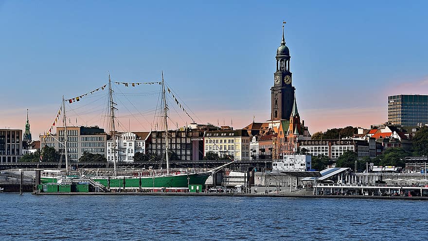 város, kikötő, st pauli mólók, Hamburg, Észak-Németország, elbe folyó, folyó, napnyugta, hajó, híres hely, víz