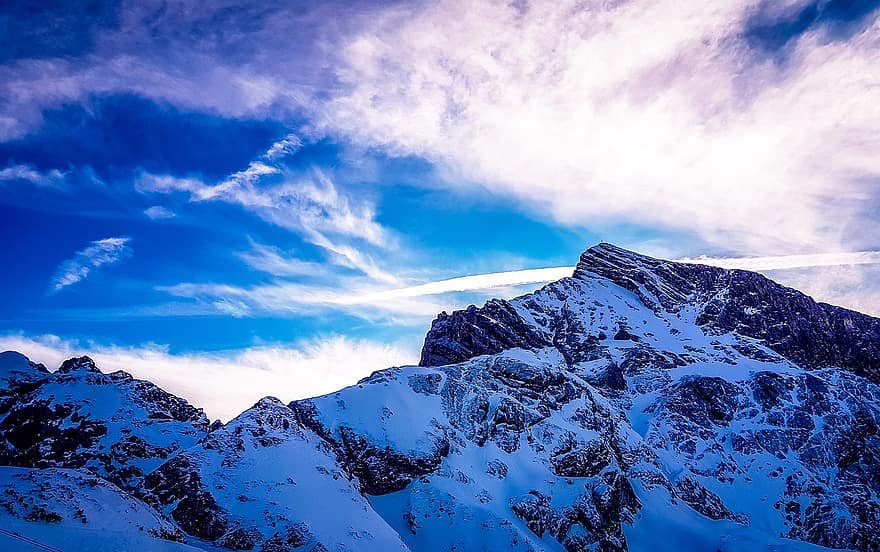 cel, alpí, blau, núvols, neu, muntanyes, baviera, cim, pic, part superior de la muntanya, Serra