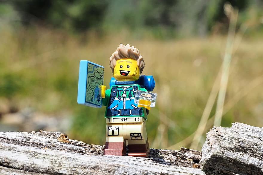 Lego, figura lego, giocattolo, escursione, piccolo, colore verde, foresta, infanzia, uomini, divertimento, plastica