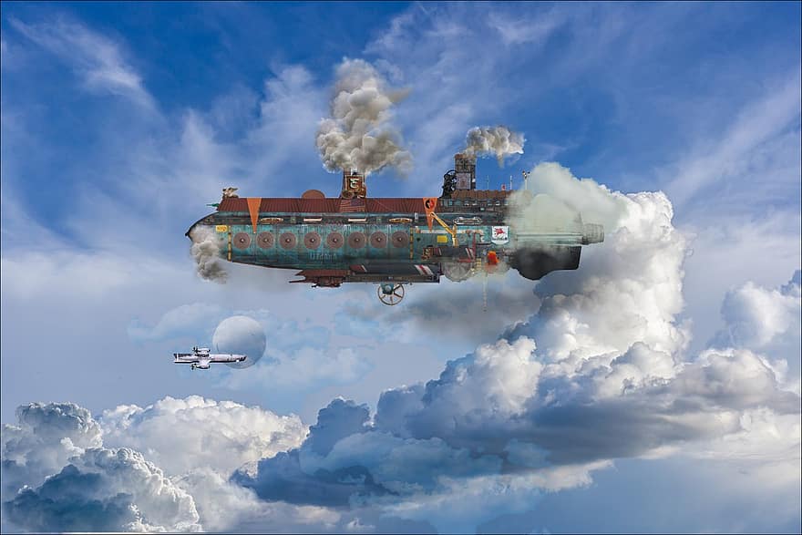 sterowiec, steampunk, niebo, chmury, Atompunk, Dieselpunk, samolot, zepelin, pływak, lotnictwo, podróżować