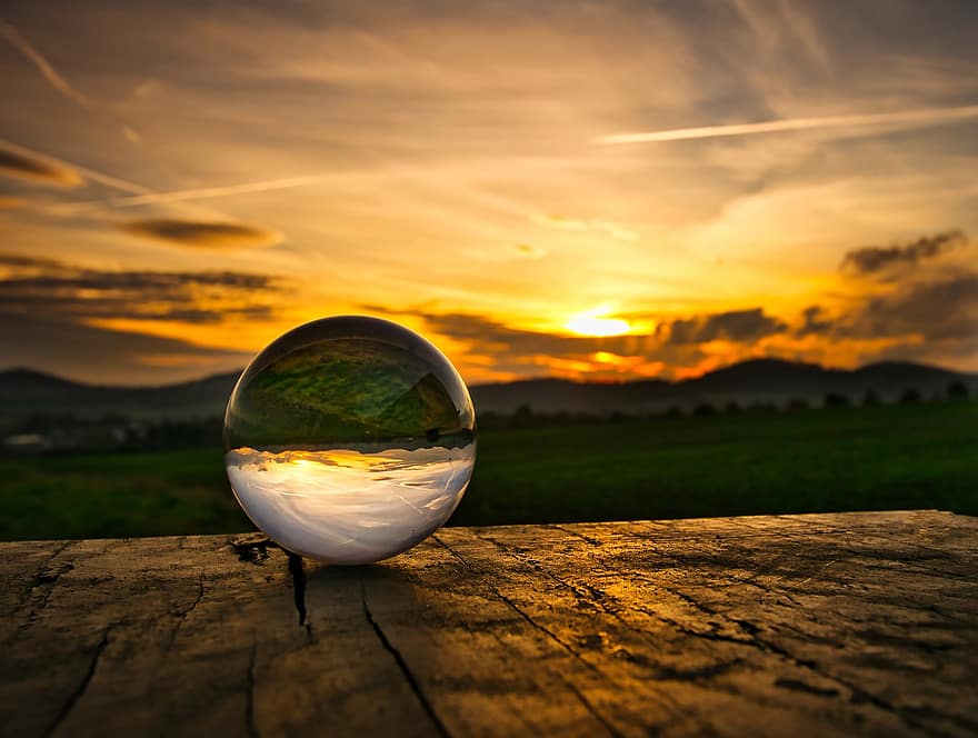 bola de lente, esfera de vidro, bola de cristal, por do sol, atmosfera, tarde, céu