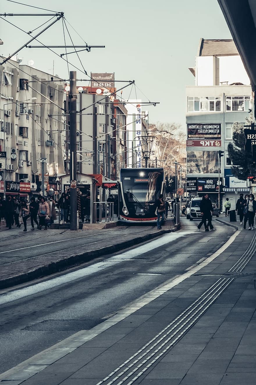 tramvay, Kent, Antalya, gündoğumu, sokak, trafik, yol, taşıma, insanlar, binalar, açık havada