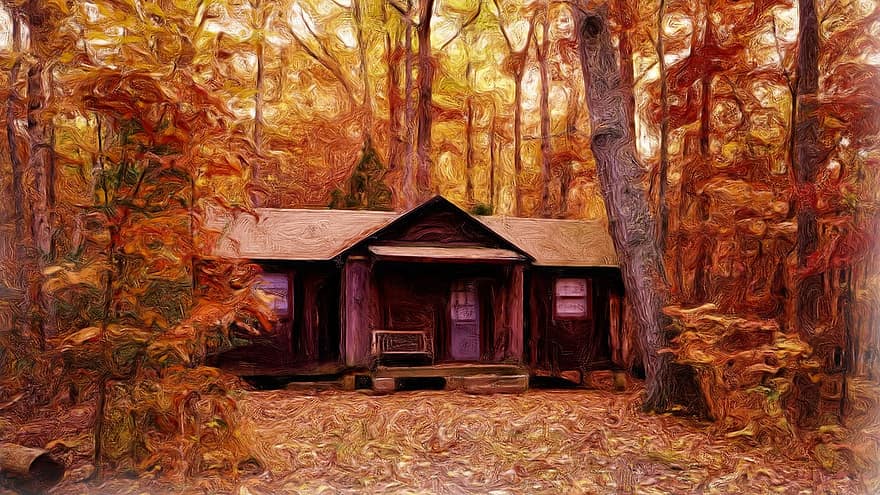 لوحة ، طلاء زيتي ، صورة فوتوغرافية ، غابة ، كوخ ، الخريف ، بيت الغابة ، فن ، عمل فني ، خلاق ، صورة الحيوان