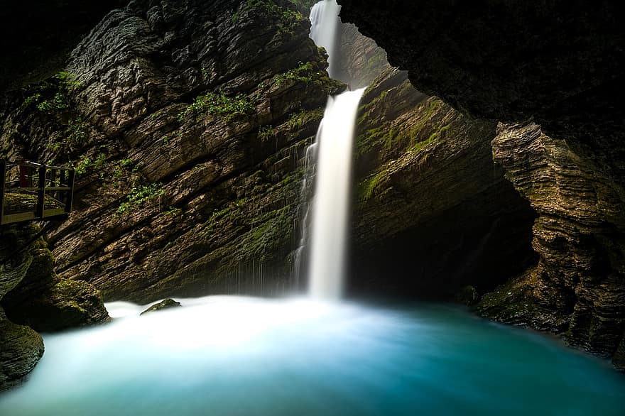 cascada, cueva, fluir, rocas, acantilado, agua, escénico, al aire libre, Appenzell, paisaje