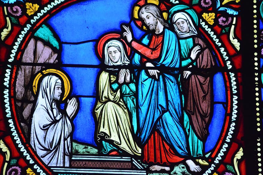 стъклопис, прозорец, църква, светец, Лазаров ден, смърт, приятел, сестри, Марте, Дева Мария, възкресение