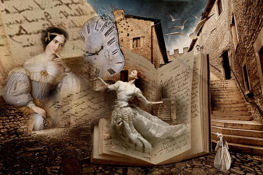 dones, llibre, temps, escriptura a mà, diari, noies, antiguitat, vell, text, fantasia, clàssic