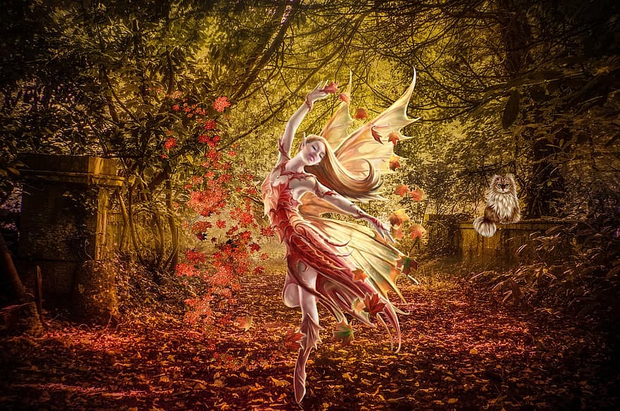 Background, Forest, Fall Color, Angel, Fantasy, Female, Character, Digital Art