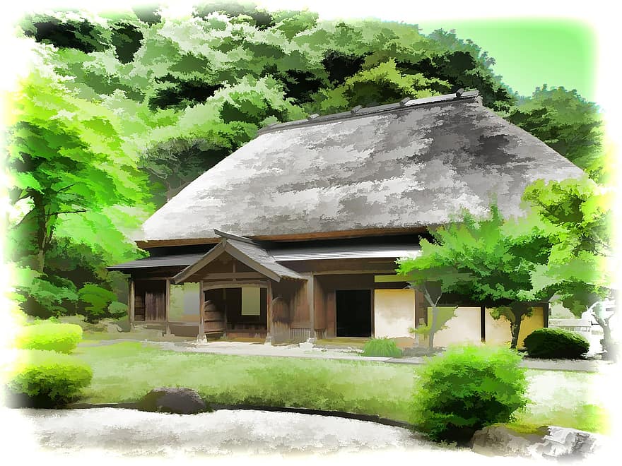 Japán, vidéki házak, szalma, nádfedeles, feldolgozás, Gokanosho