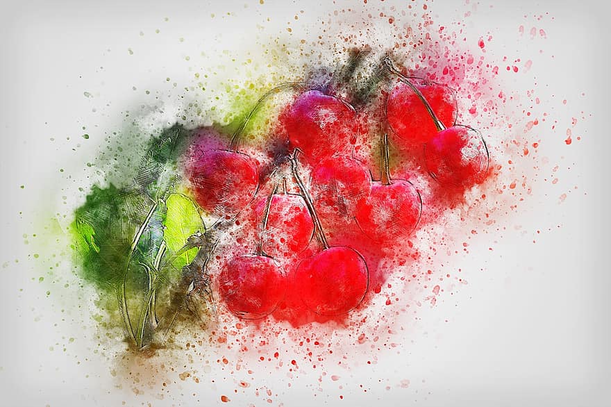 kirsebær, kunst, natur, abstrakt, akvarel, årgang, forår, romantisk, kunstnerisk, design, aquarelle