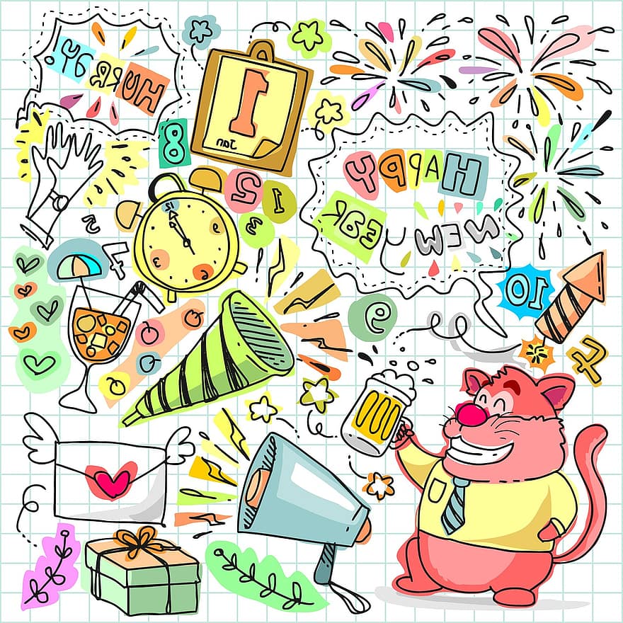 doodle, jauns, gadā, ballīte, svinības, laimīgs, zīmējums, zīmēts, roka, svinēt, brīvdienas