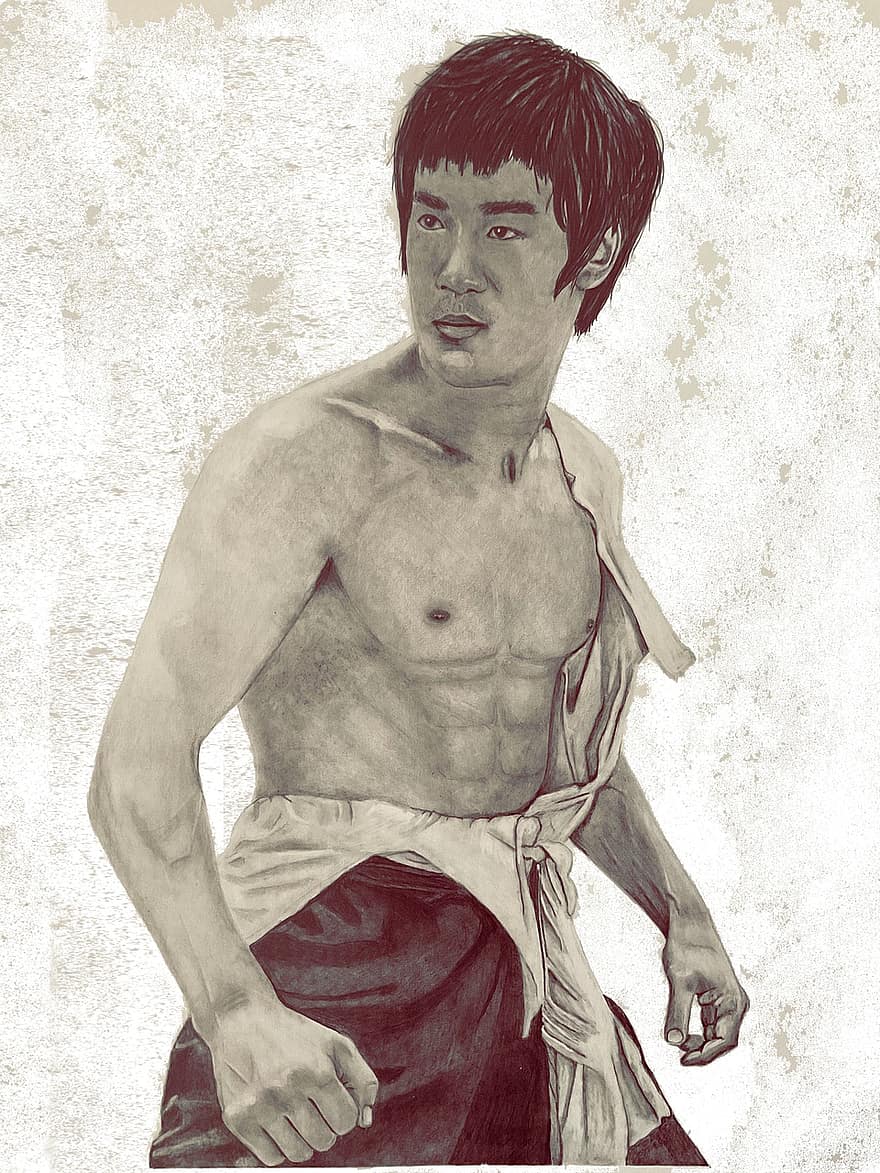 Bruce Lee, Martial Artist, Movie Star, Portrait, men, one person, black and white, illustration, muscular build, adult, males