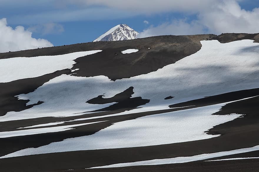 Mountains, Volcano, Slope, Top, Summer, Snow, The Snow, Crater