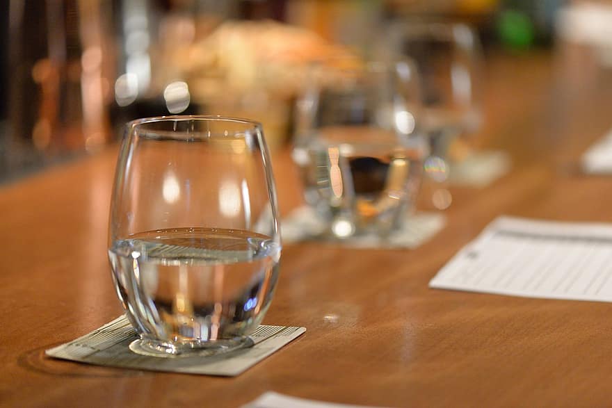 mesa, restaurante, vidro, agua