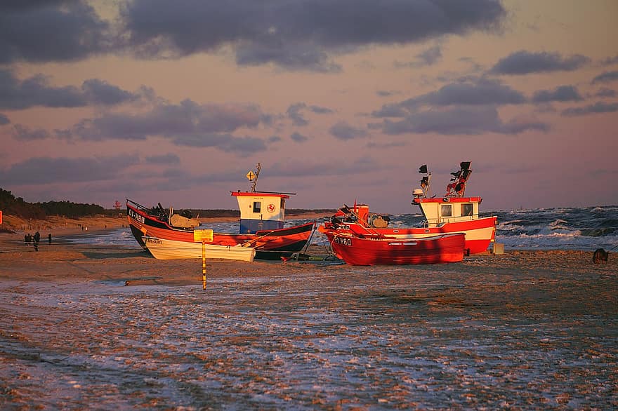 barcos de pesca, porta, Mar Báltico, de praia, costa, panorama, crepúsculo, por do sol, cenário, natureza, inverno