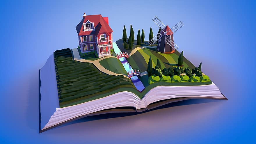tájkép, könyv, ház, szélmalom, út, épület, malom, ciprus, fa, bokor, bor