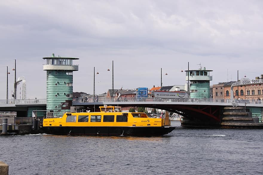 мост, пристанище, воден автобус, Мостови кули, Копенхаген, вода, транспорт, ветроходство, обществен, град, градски пейзаж