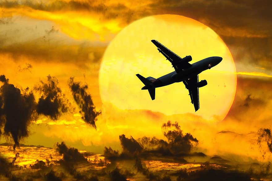 avión, viaje, vacaciones, volador, salida, nubes, vehículo aéreo, transporte, avion comercial, puesta de sol, hélice