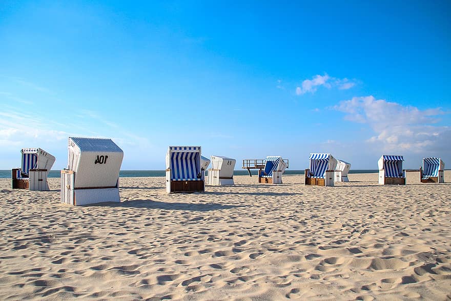 Sylt, Északi-tenger, strand székek, nyári, strand, menny, homok, tenger, tengerpart, vakáció, kék