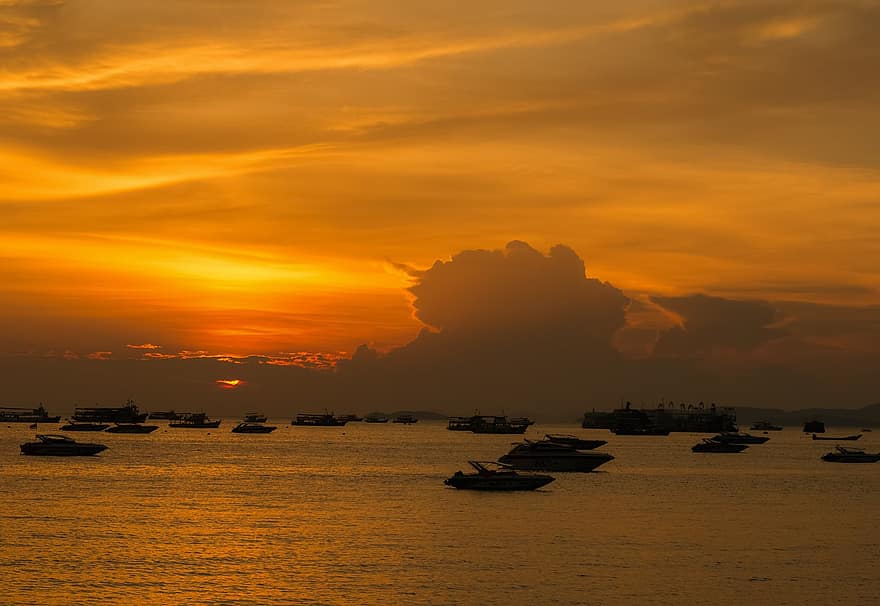 solnedgång, thailand, hav, båtar, Asien, himmel, moln, romantik, semester, resa, turism