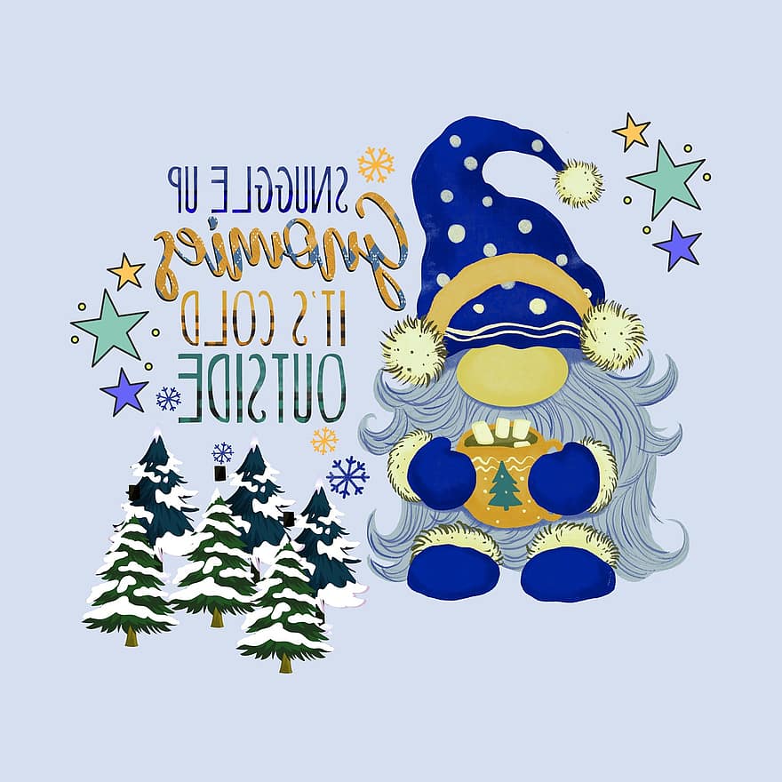 gnome, hiver, neige, dessin animé, fête, illustration, saison, humour, vecteur, décoration, cadeau