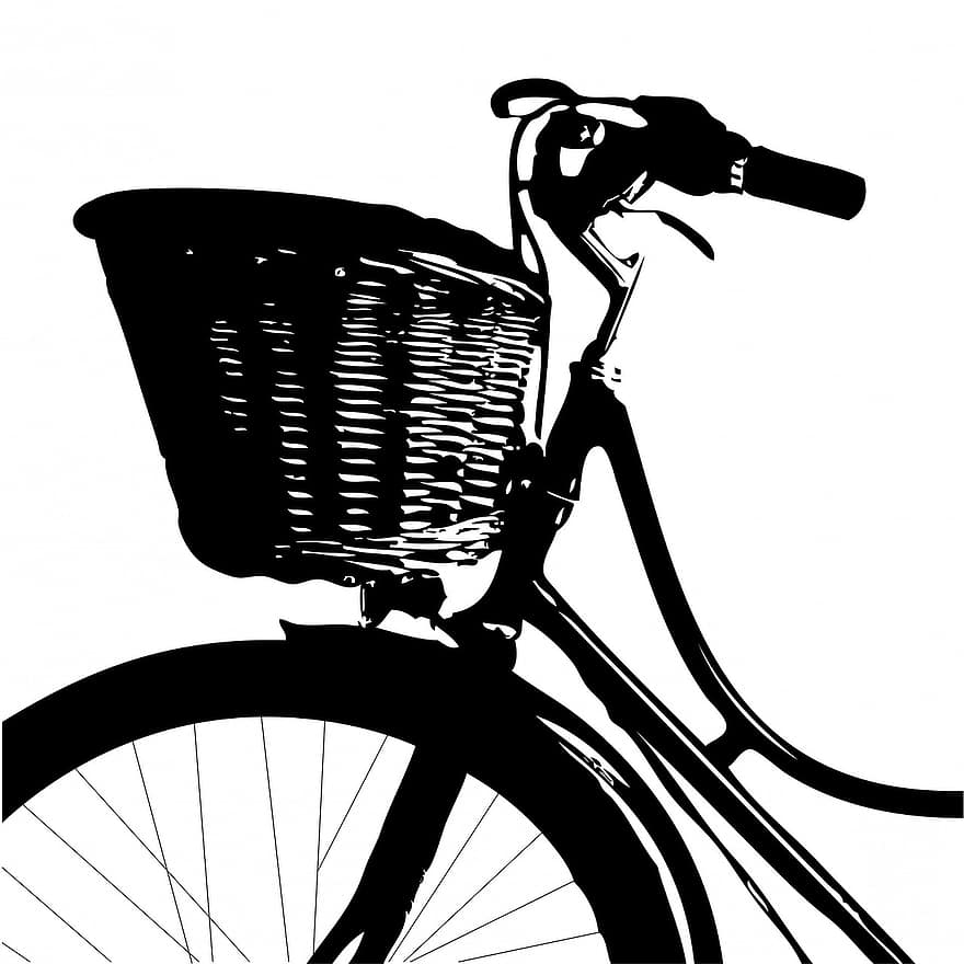 bicicletă, epocă, vechi, de modă veche, retro, negru, siluetă, coş, de răchită, cos de rachita, alb