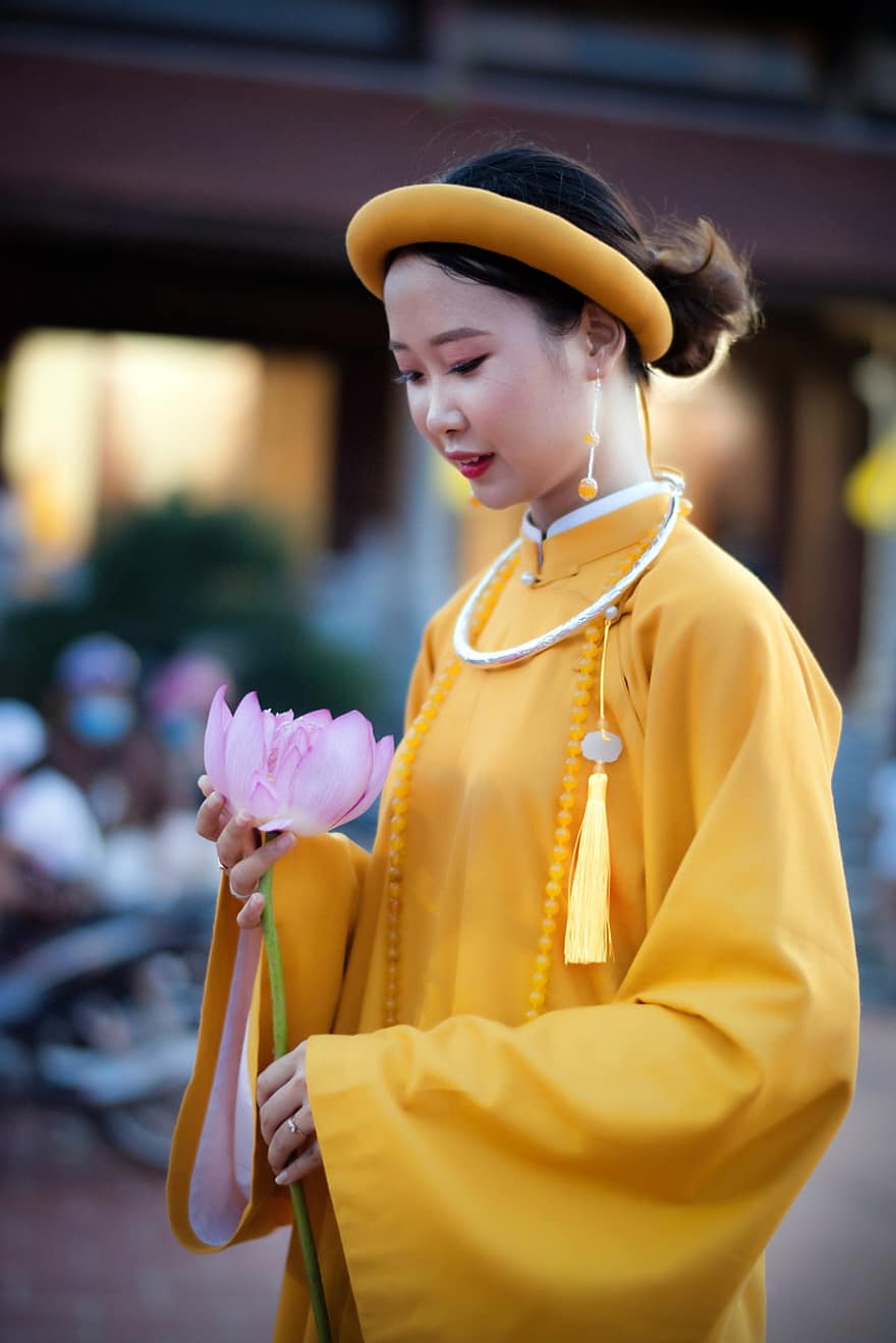kvinna, modell, vietnames, kostym, blomma, lång klänning, antika kostym, lady, asiatisk