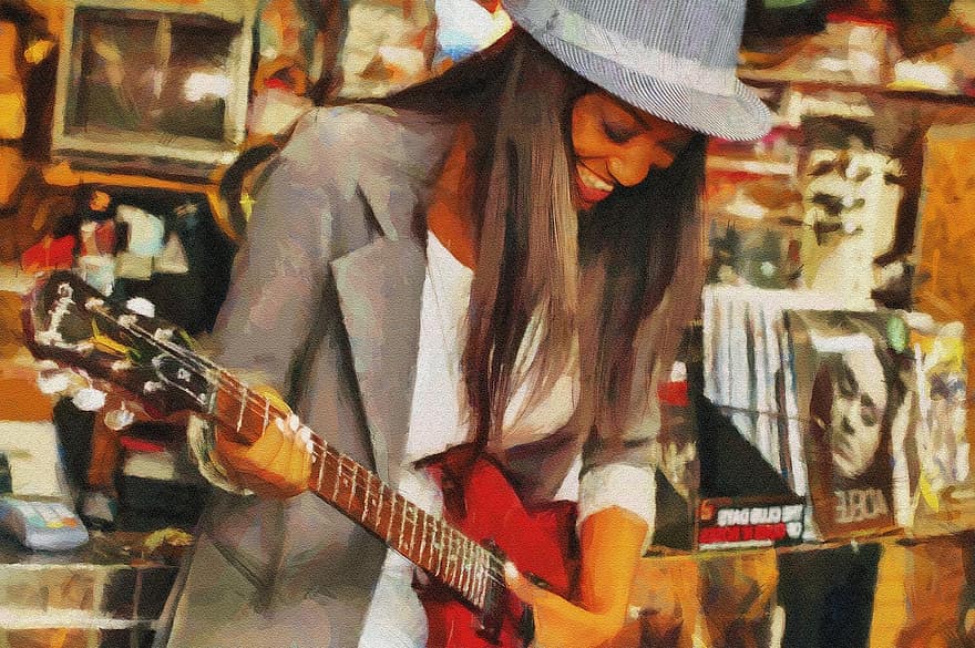 момиче, момиче с китара, Дами, музика, Музика на улицата, музикант, китара, производителност, свиря на китара, китарист