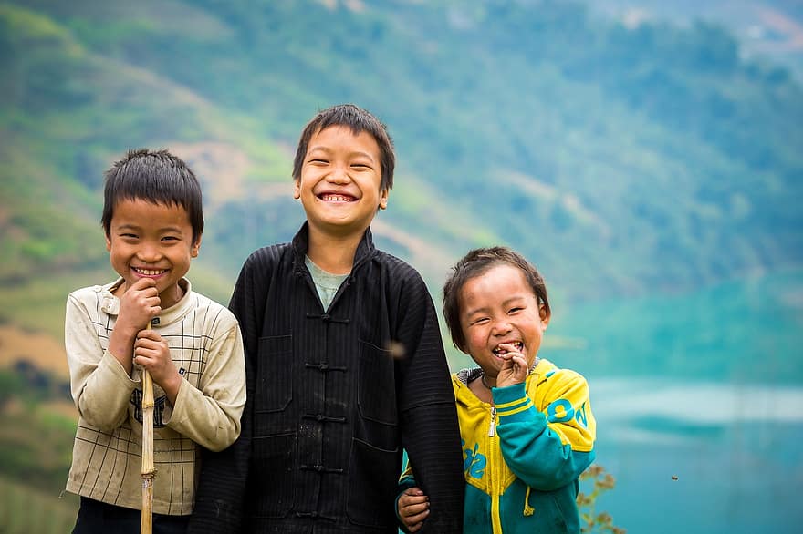 pojkar, Lycklig, porträtt, vietnames, barn, ungar, ung, skratt, roligt, högland