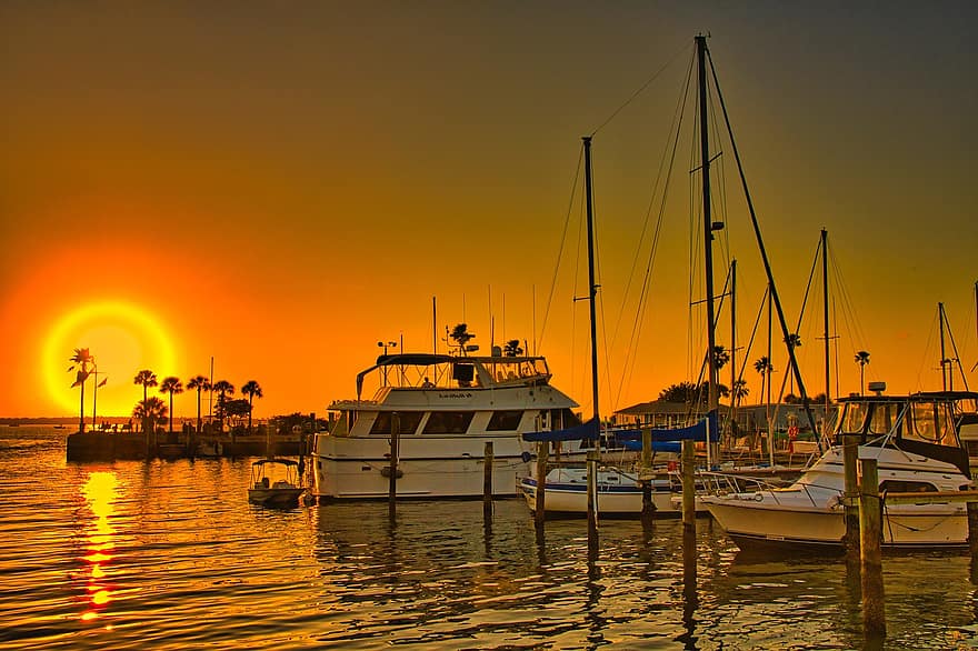 日没、湾、沿岸、水、マリーナ、空、フロリダ、ボート、太陽