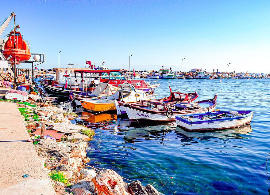 Izmir, берег, гавань, море, лодки, пирс, морское судно, воды, береговая линия, летом, ловля рыбы