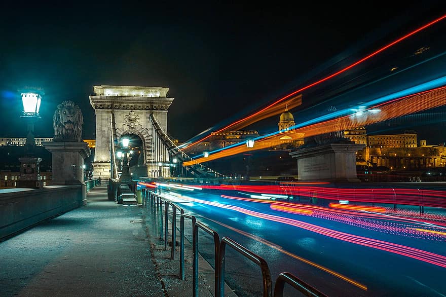 верижен мост, Будапеща, път, светли пътеки, нощ, мост, трафик, светлини, вечер, продължителна експозиция, Дунав