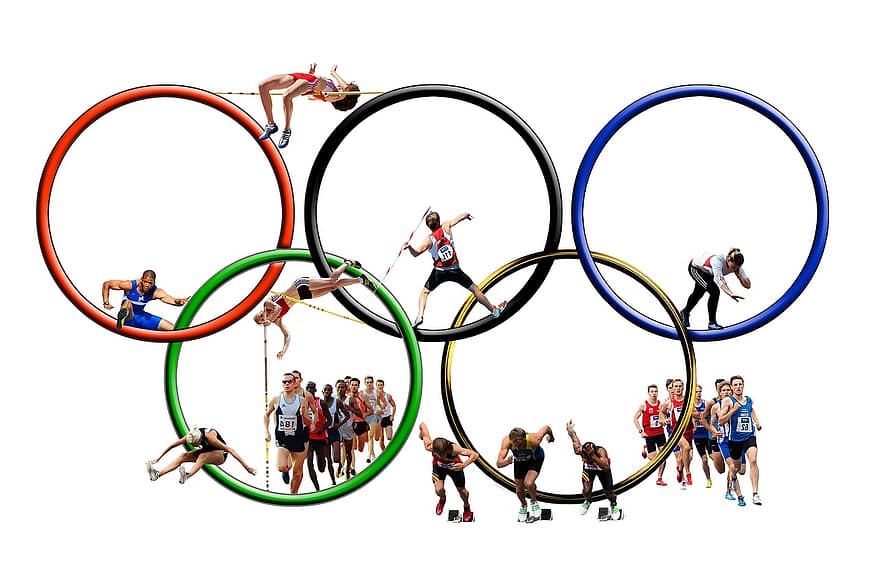 Olympie, jeux olympiques, olympiade, concurrence, sport, athlétisme, athlètes d'athlétisme, anneaux, bleu, noir, rouge