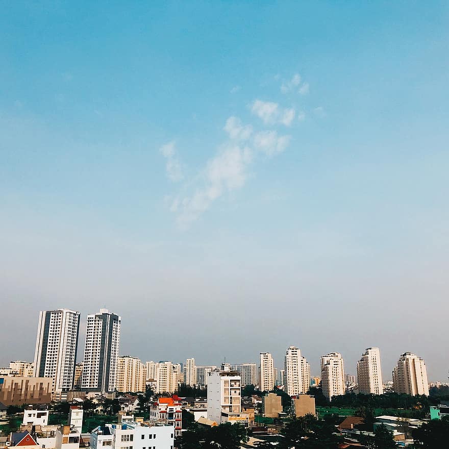 oraș, clădiri, orizont, cer, zgârie-nori, centrul orasului, urban, panoramă, Saigonul, ho chi minh oraș, Vietnam