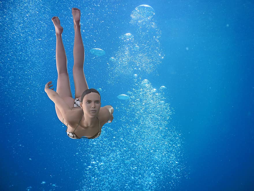mulher, mergulho, nadar, embaixo da agua, desportivo, agua, piscina, deslizar, Férias, azul, fêmea
