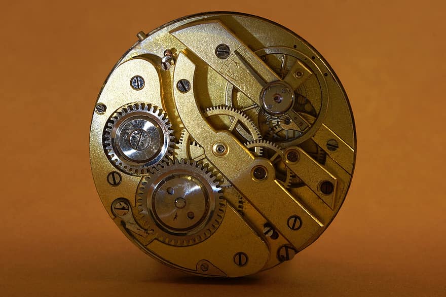 relógio, mecanismo, engrenagens, metal, macro