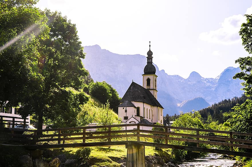 kostel, most, řeka, stromy, tráva, vysokohorský, hora, voda, bach, berchtesgaden, ramsau