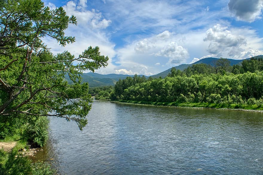 ποτάμι, βουνά, καλοκαίρι, Ρωσία, χακασιά, Σιβηρία, φύση, δάσος, τοπίο, μπλε, πράσινο χρώμα