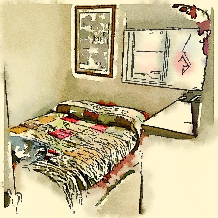 dormitori, aquarel·la, dibuix, interior